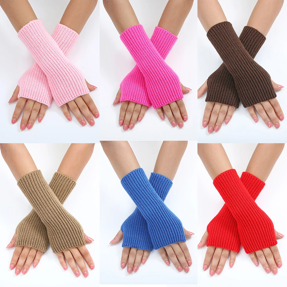 Students Touch Screen Thick Arm Sleeves Mittens Women Half Finger Gloves Knitted Fingerless Gloves Solid Color Soft Arm Warmer