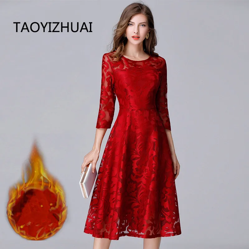 

New Arrival Winter Vintage Women Dresses Red Style Hollow Out Floral Cuffs Plus Size Empire Mid-Calf Long Women Dress 14060R