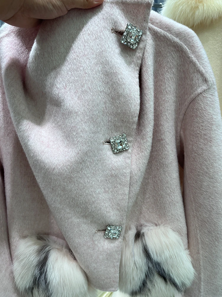 New Winter Cashmere Wool Woolen Jacket Real Fur Coat Women Natural Fox Fur Pocket Ladies Outerwear Female Coat