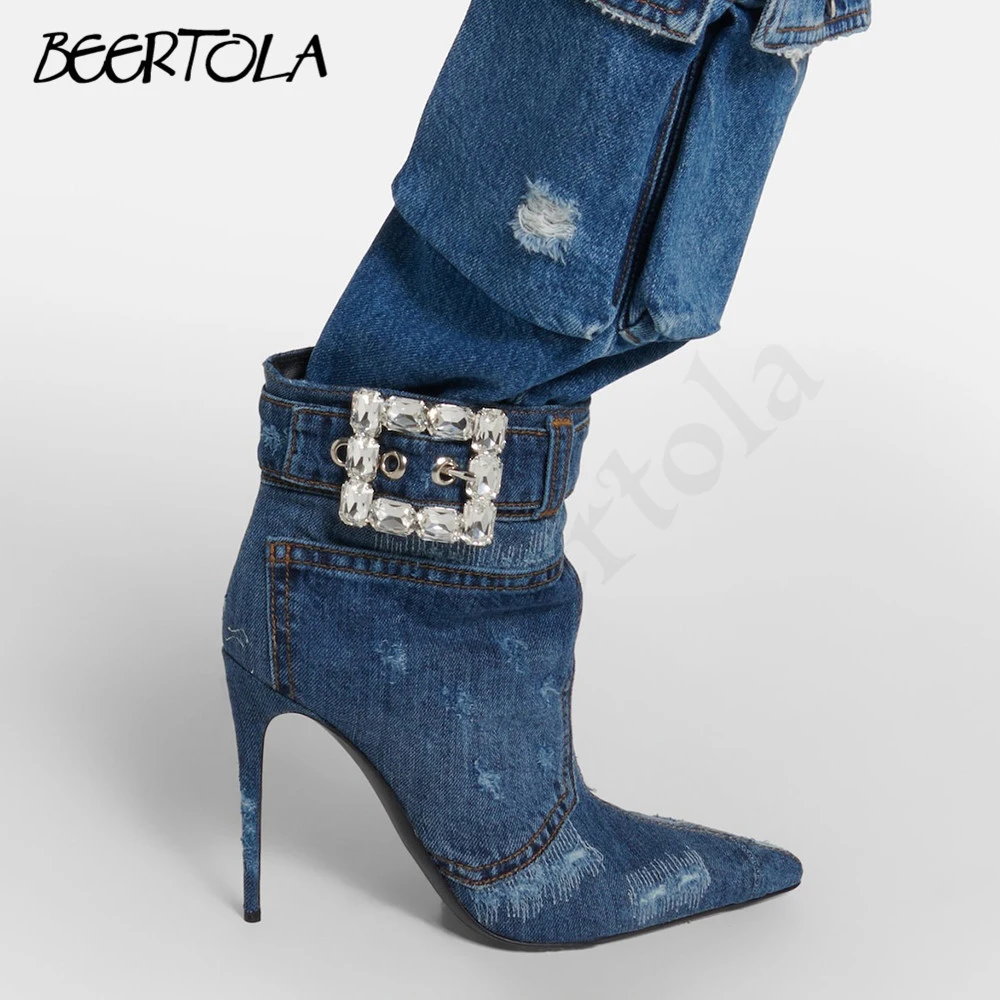 Women's Vintage Denim Ankle Boots Stiletto Heel Rhinestone Square Buckle Ankle Boots Pointed Toe High Heel Sexy Fashion Boots