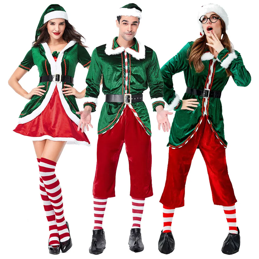 

Adult Women Men Santa Claus Xmas New Year Carnival Party Cosplay Boys Girls Green Elf Couple Claus Costume Suit