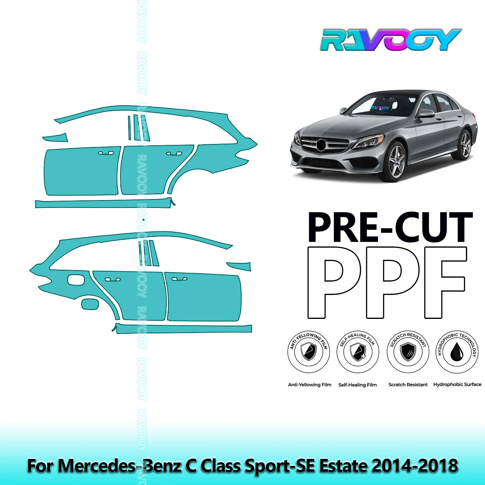 

For Mercedes-Benz C Class Sport-SE Estate 2014-2018 8.5mil Pre-Cut PPF Door & A/B Pillar Kit TPU Paint Protection Film Set