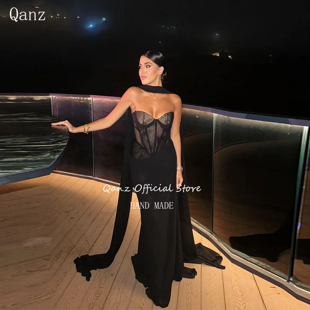 

Qanz Elegant Evening Dresses Black Mermaid Vestidos De Fiesta Lace Ribbons Sweetheart Pageant Dresses For Women Customized