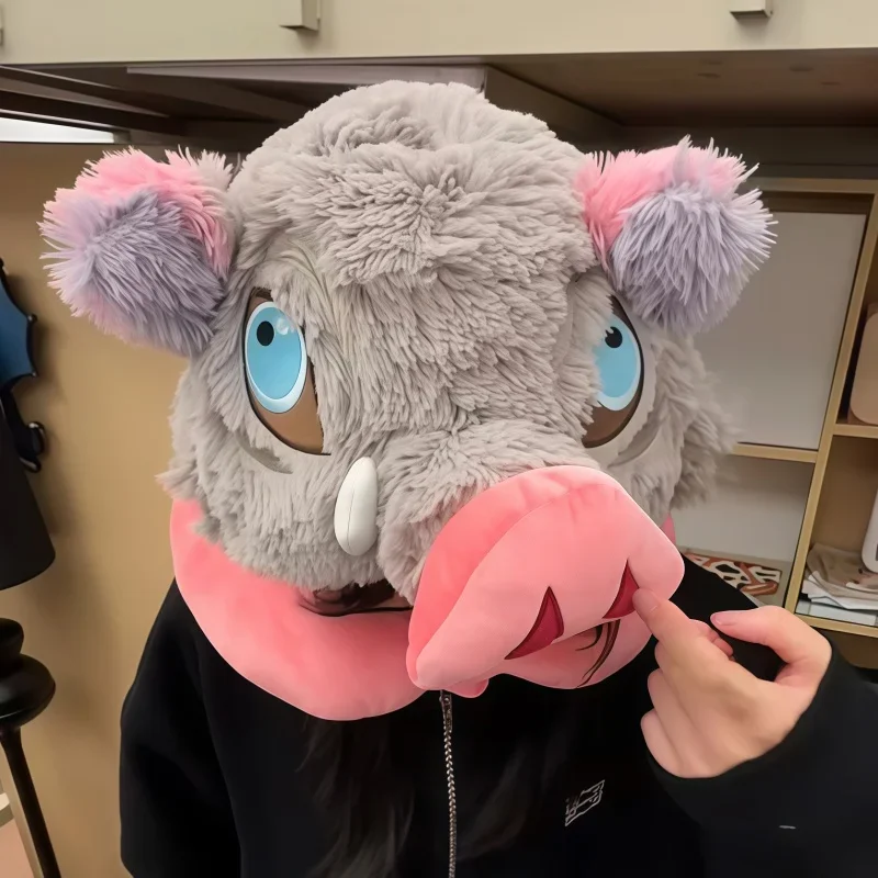 

Kawaii Wild Boar Head U-shaped Hooded Neck Pillow Kawaii Cosplay Props Hashibira Inosuke Hat Travel Blackout Pillow Gifts Fans
