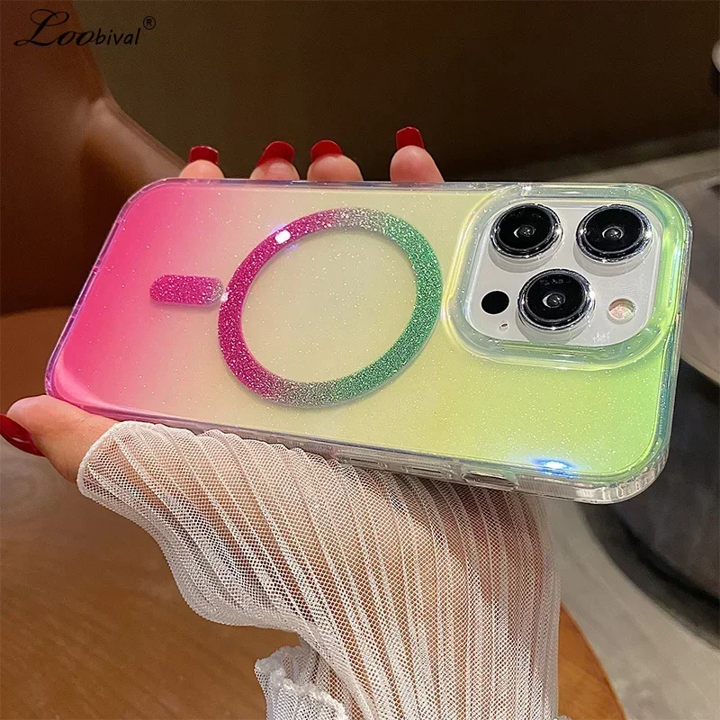 Aurora Glitter for Magsafe Case for iPhone 15 14 13 16 Pro Max Plus 12 11 Gradient Transparent Acrylic Cover Laser Colorful Case