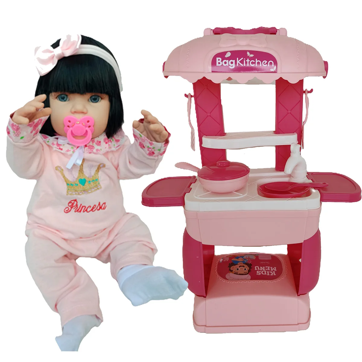 KIT Baby Doll Brunette Mom Reborn 45cm + Mini Kitchen