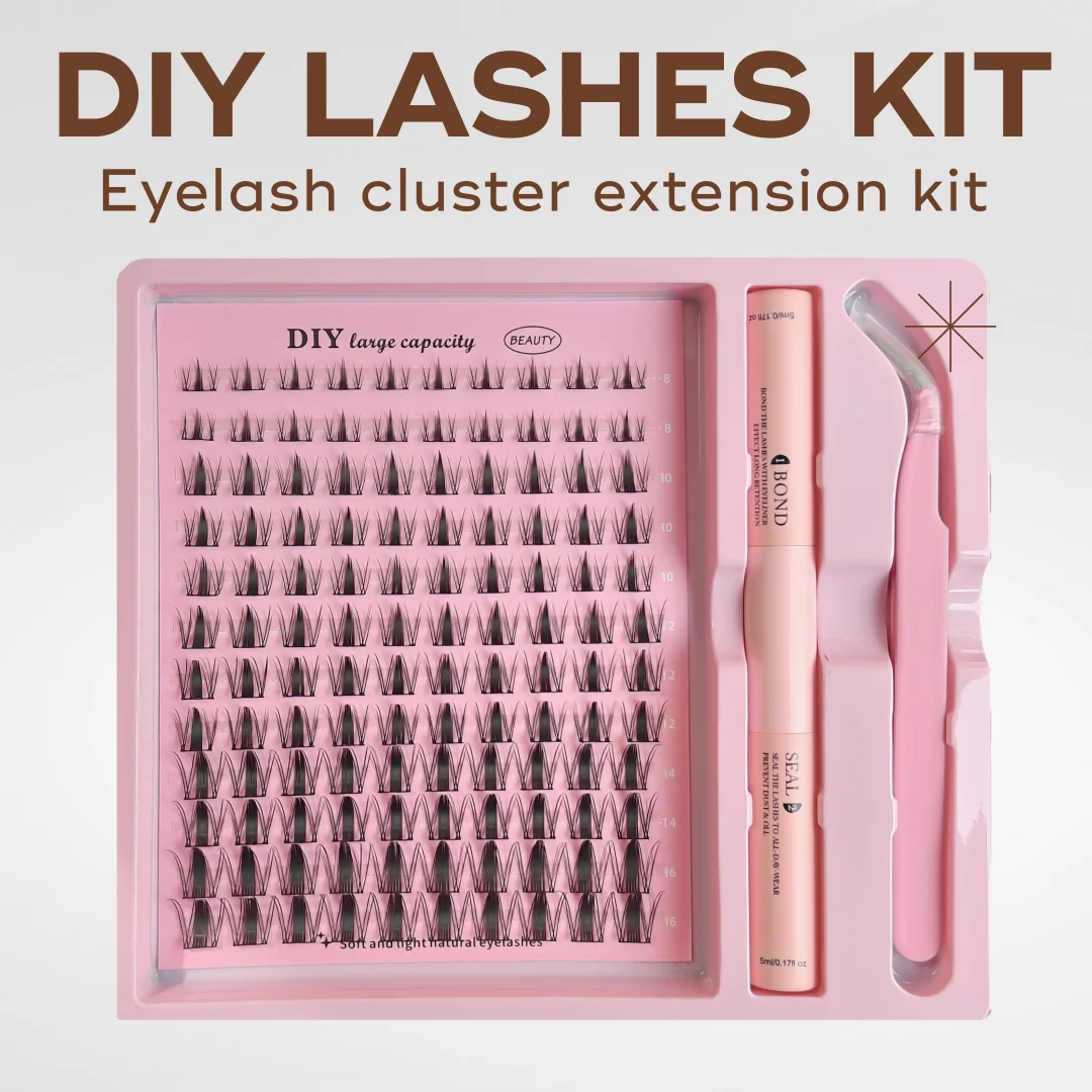 DIY Clusters Lash Kit Full Set 8-16mm Mix Bond&Seal Tweezers Lash for Self Application Makeup Individual Eyelash Extensions