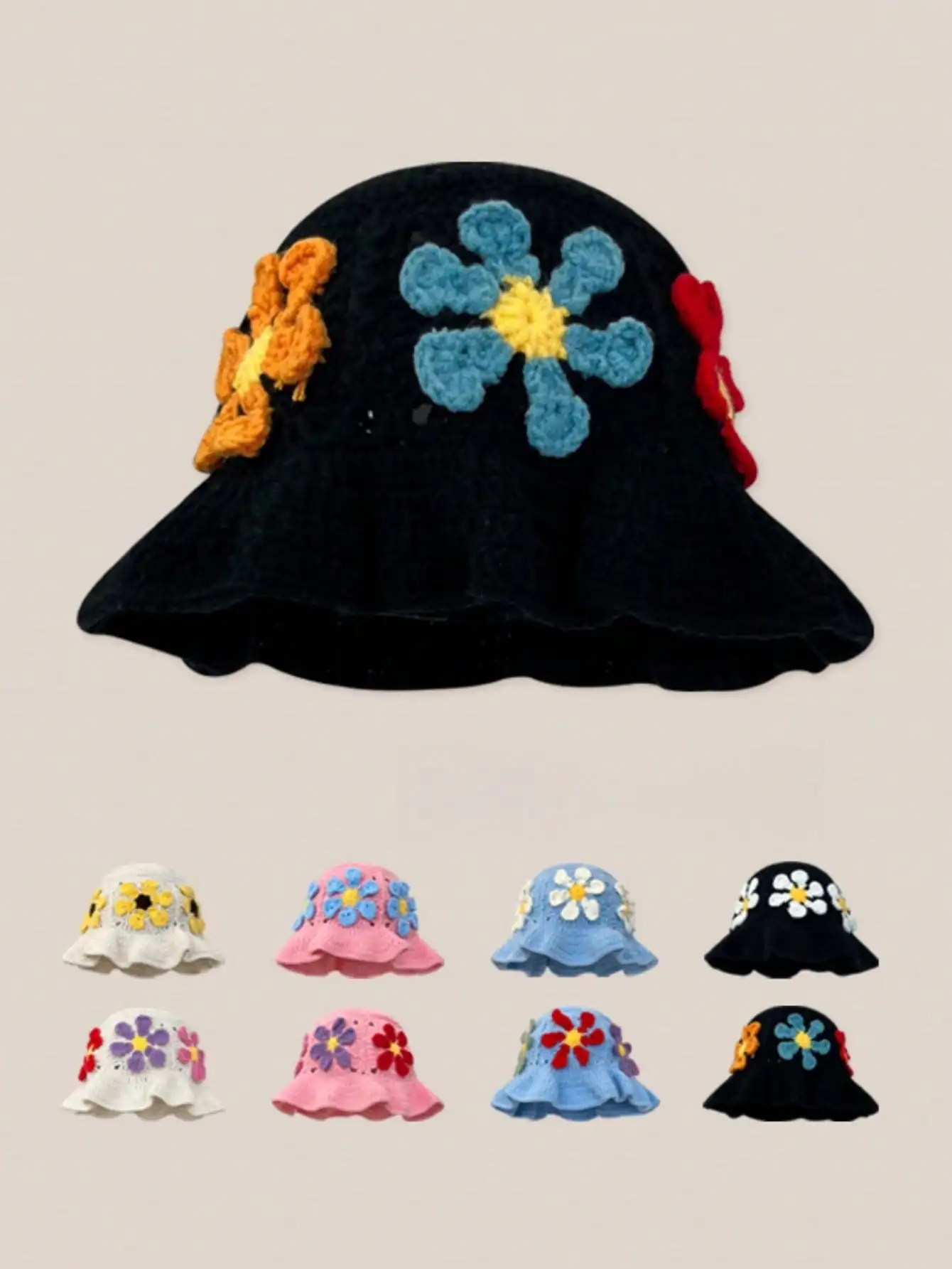 Handmade Crocheted Sunflower Bucket Hat With Ruffled Lace Trim-Women's Colorful Ruffled Foldable Soft Beach Sun Hat Knit Cap