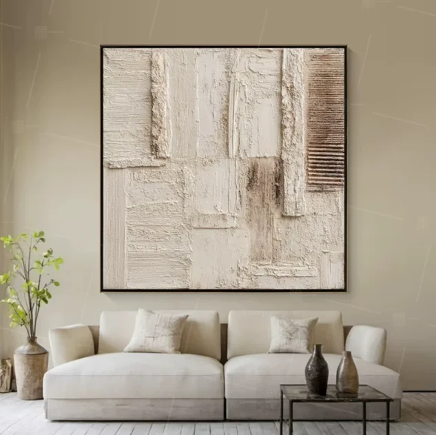 #Handmade Modern Abstract Canvas Wall Art Beige Watercolor Design for Home Decor and Hotel-Elegant Plaster Sculpture