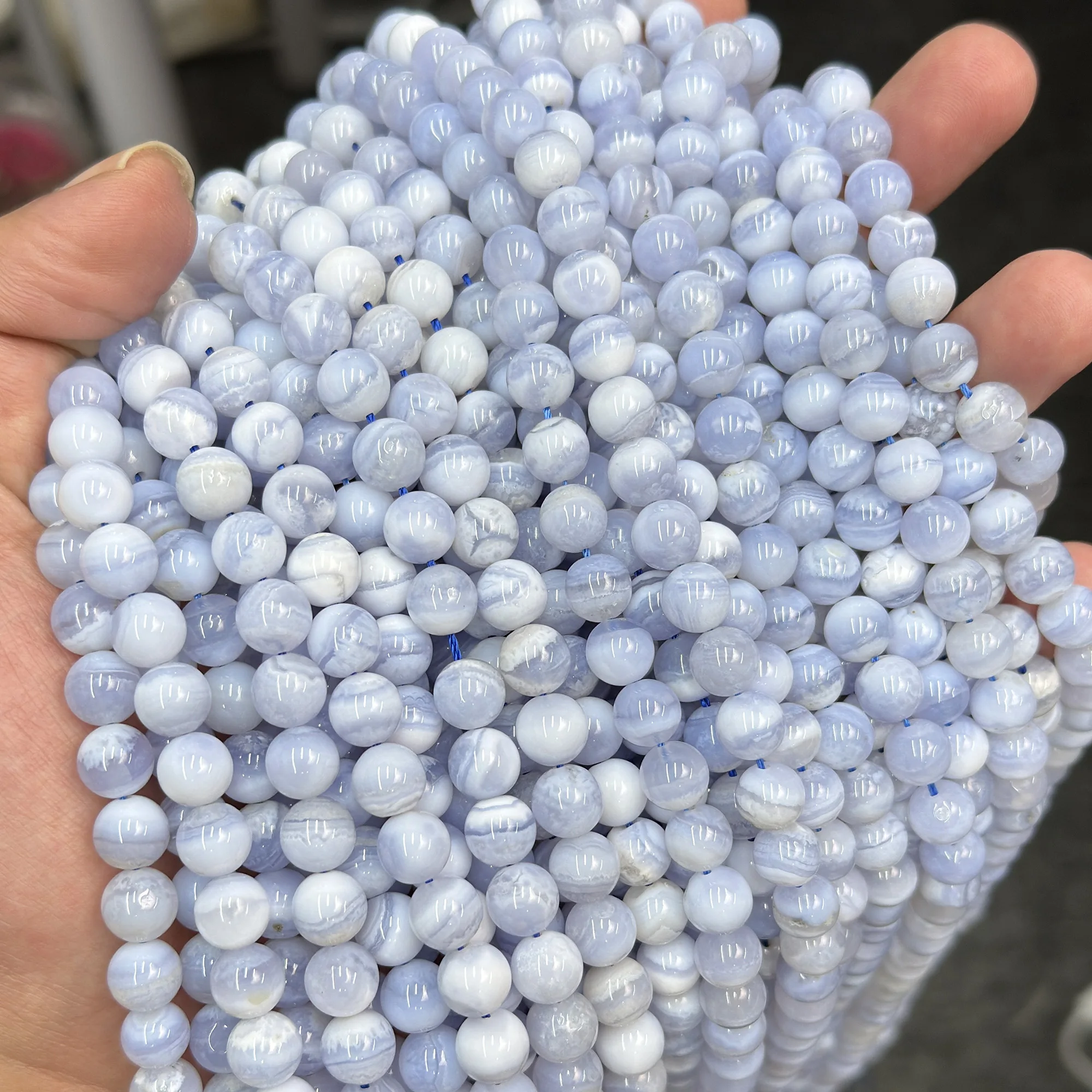 Perles d\'agate en dentelle bleue AA + naturelle, pierre ronde lisse de 8mm, pour bijoux, bracelets de bricolage, collier ou cadeau, vente en gros