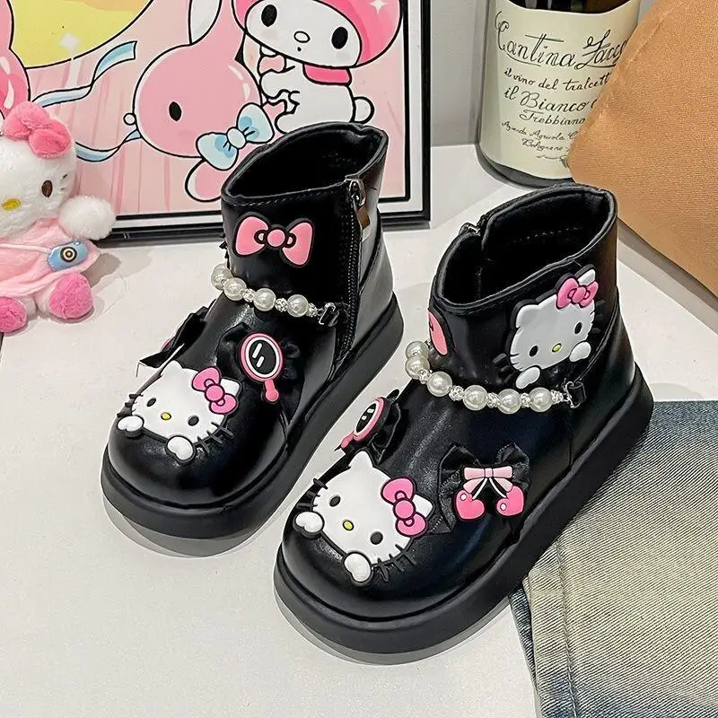 

Kawaii Hello Kitty Girls Boots Sanrio Children Cartoon Comfortable Warm Leather Boots Students Waterproof Boots Kids Flat Shoes
