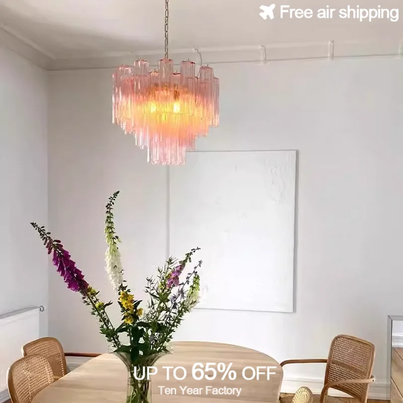 

Pink White Glass Tube LED Chandelier French Design Dimmable Hanging Lamps for Dining Room Suspension Decorative Lighting