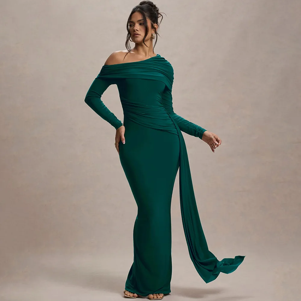 2025 Nieuwe hot-selling asymmetrische schouderlint bodycon lange mode sexy ruches slim fit jurk
