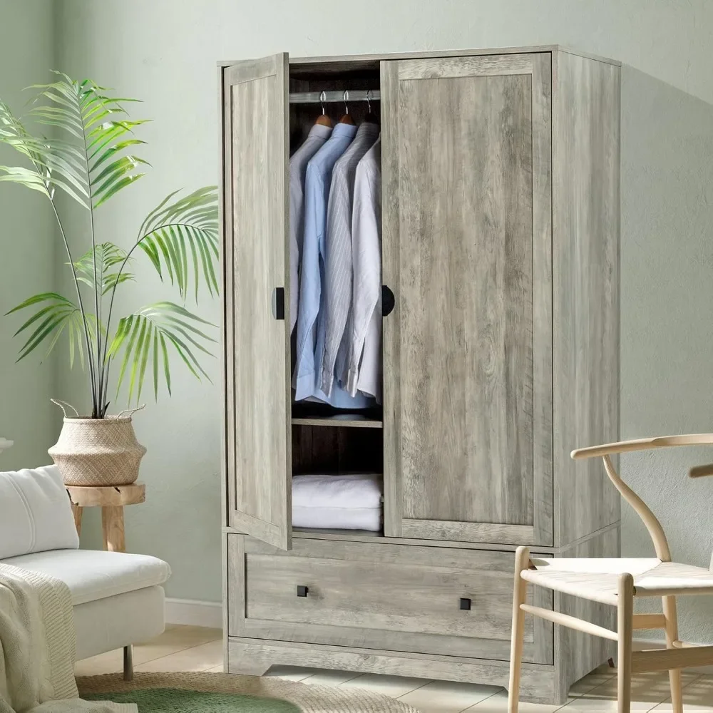 Wide Armoire Wardrobe Closet with Hanging Rod Adjustable Shelves and Drawer, Freestanding Wardrobe Closet with Doors,Rustic Grey