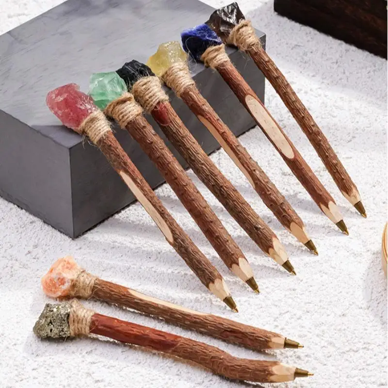 Vintage Natural Rough Crystal Ballpoint Pen Log Craft Decorative Handmade Stone Scepter Pen Wooden Signature Pen Students