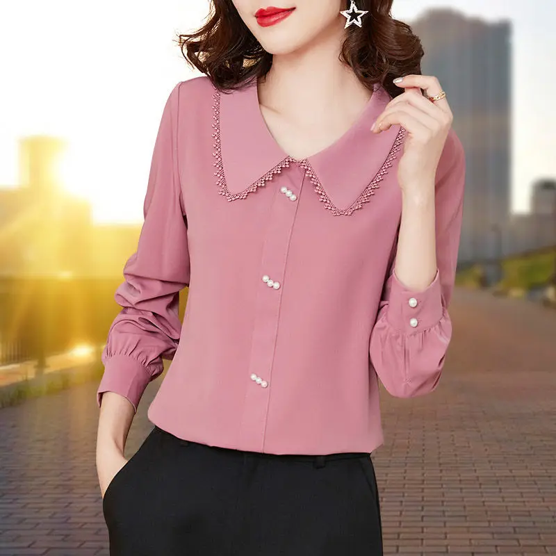 

Fashion Commute Peter Pan Collar Blouse Elegant Lace Spliced Spring Solid Color Korean Female Clothing Chic Pearl Beading Shirt