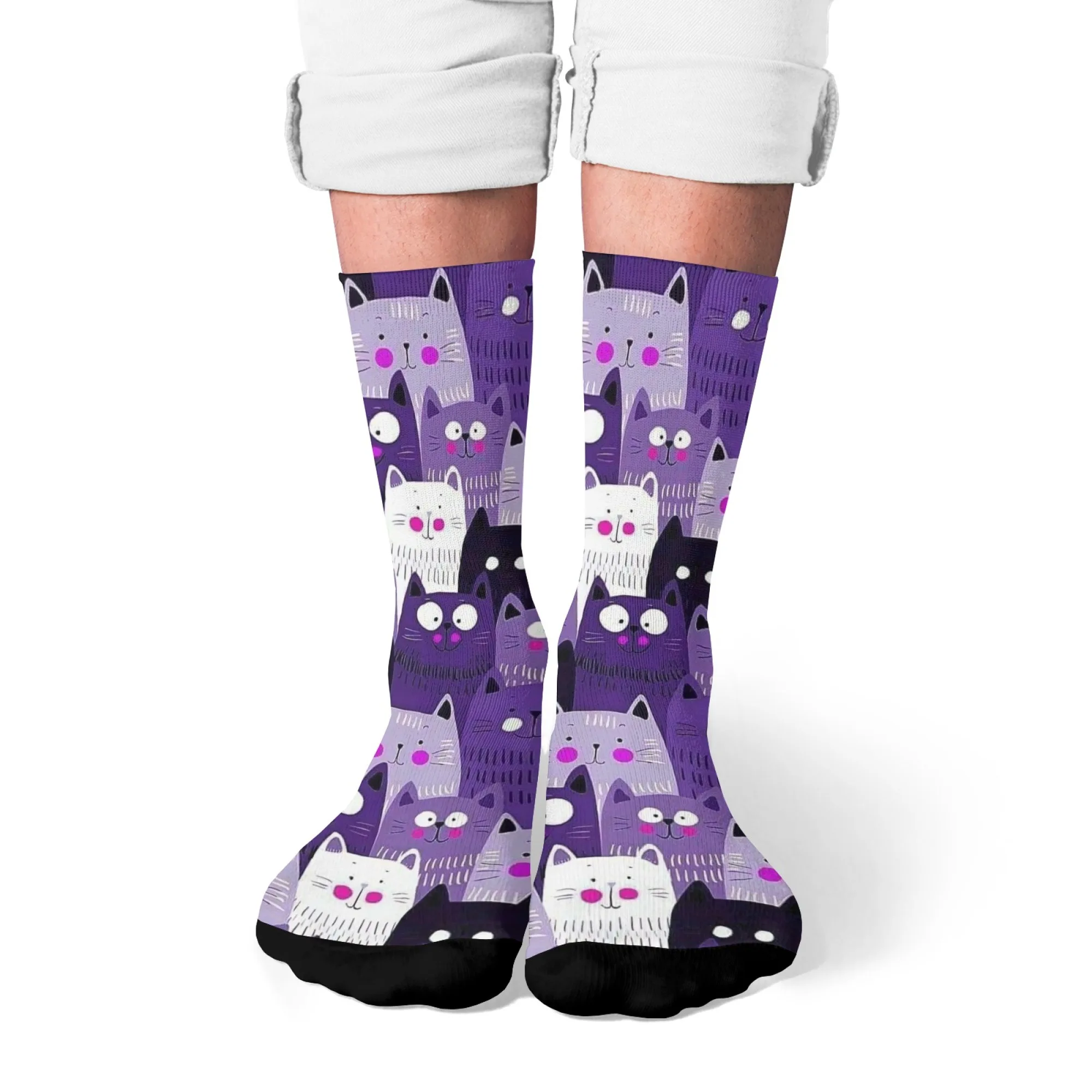 Purple Cat Pattern Mid-Calf Socks Suitable for Outdoor Sports Enthusiasts Comfortable and Breathable Soft Stylish Daily Wear