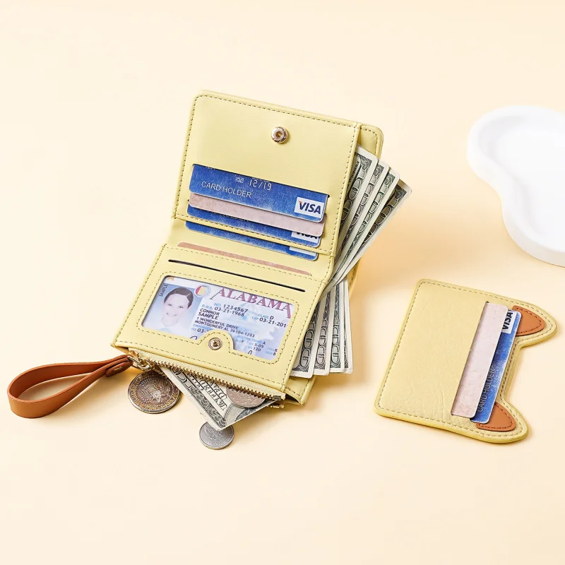 Cat-themed short zipper coin purse, small wallet with multiple card slots, stylish snap-button wallet, high-end