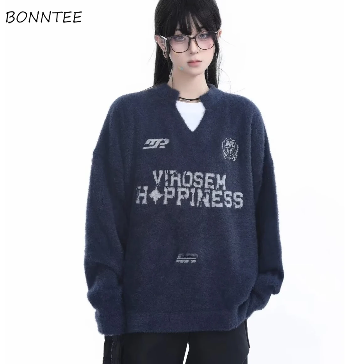 

Sweaters Women Autumn Winter Letter Print Couples Vintage Pullovers Теплый Женский Свитер Slouchy Knit Loose Chic V-neck Design