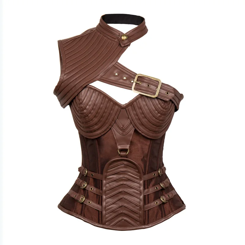 Steampunk Clothing Women Plus Size Vintage Pu Leather Corset Brown Outerwear Bustier Armor Steel Boned Overbust Corselet Tops