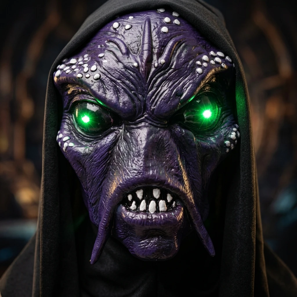 LED Glowing Green Eyes Alien Monster Mask in Purple Latex Full Head Mask with Tendrils Hood Scary Cosplay Party Halloween Props 4
