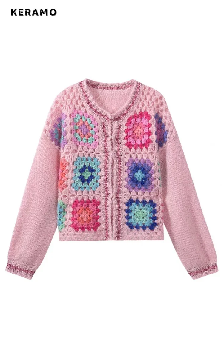 

Women Luxury Chic Knit Long Sleeve O-Neck Cardigans 2025 Winter Casual Single Breasted Fashion Patchwork Elegant Pink Sweater