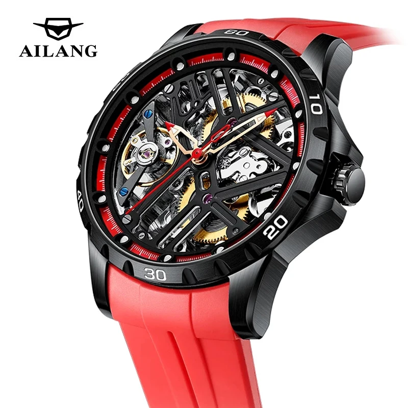 

AILANG Luxury Brand Fashion Skeleton Watch For Men Automatic Mechanical Watch Personalized Red Silicone Strap 30M Waterproof