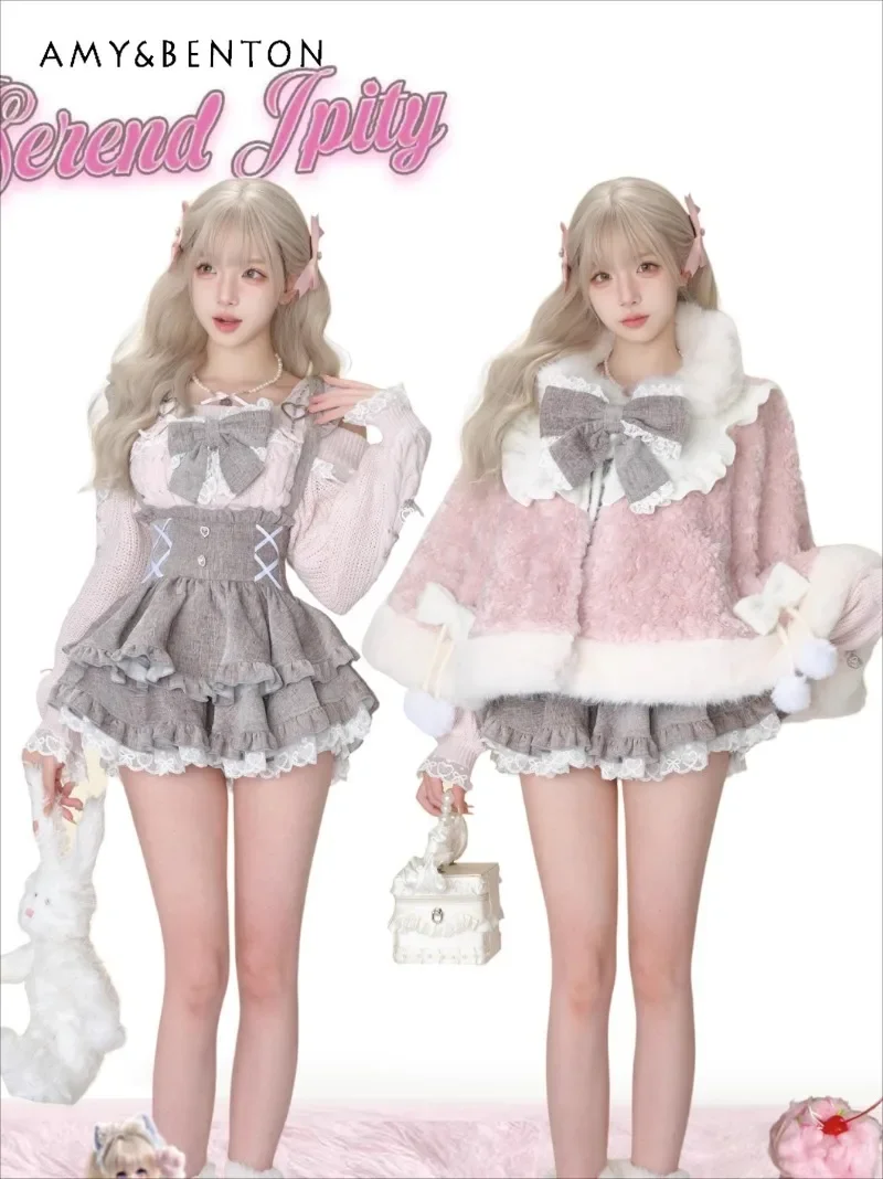 Autumn Winter New Daily Lolita Skirt Sets Sweet Pink Plush Cape + Off Shoulder Sweater + Strap Cake Skirt Three-piece Set Women