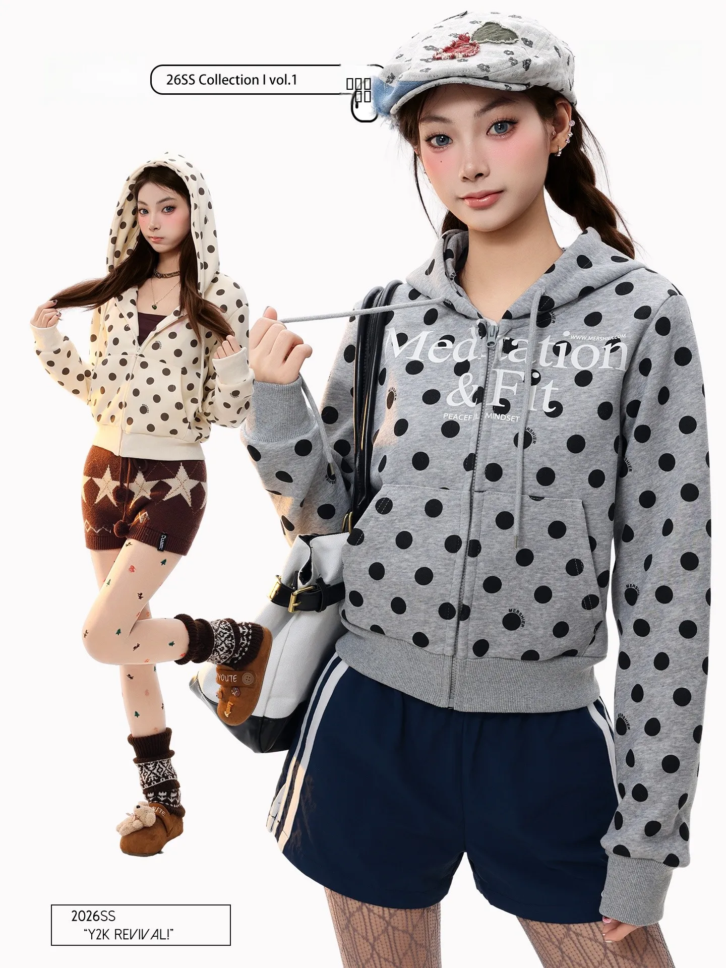 

PBB American Retro Polka Dot Lazy Sle ort Hoodie Women Sexy Versatile Age Reduction Waist Slimming Zipper Jaet