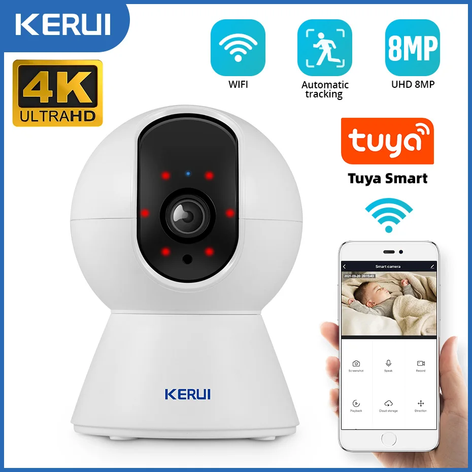 Kerui-tuya-ミニwifiカメラ,IP屋内cctv監視カメラ,自動追跡,ワイヤレス,ホームセキュリティ,uhd,5mp,8mp,4k