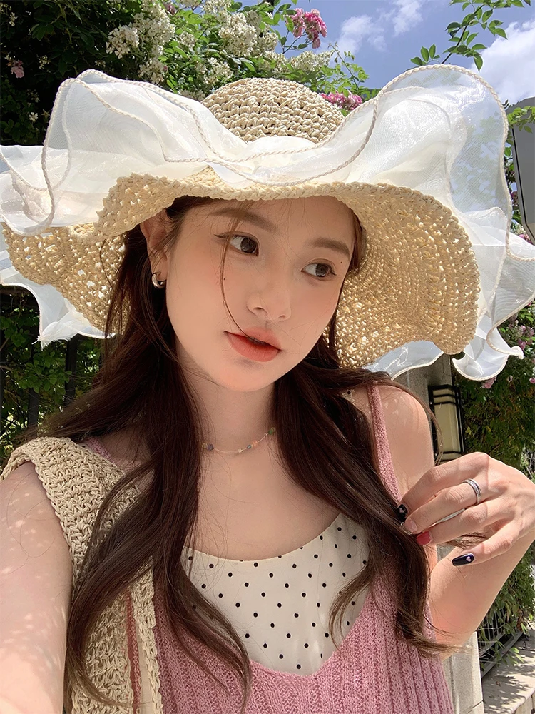 Lace Straw Hat Women's Summer Beach Breathable Sunshade Hat Large Brim Casual Style round Top Cap for Travel And Photography