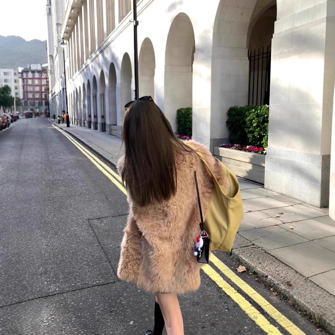 Chaqueta térmica de piel sintética para mujer, traje de color sólido con cuello, prendas de vestir de piel integradas, abrigo de piel Artificial esponjoso para mujer