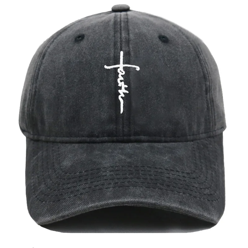Vintage Washed Cotton Faith Cross Embroidery Baseball Cap Unisex Adjustable Brim Hat Christian Faith Religious Casual Sun Hat