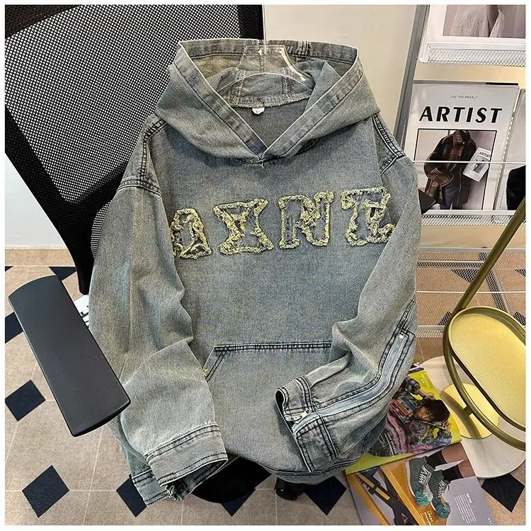 American large size designed ripped denim jacket autumn embroidered loose casual hooded sweatshirt women clpothing y2k tops