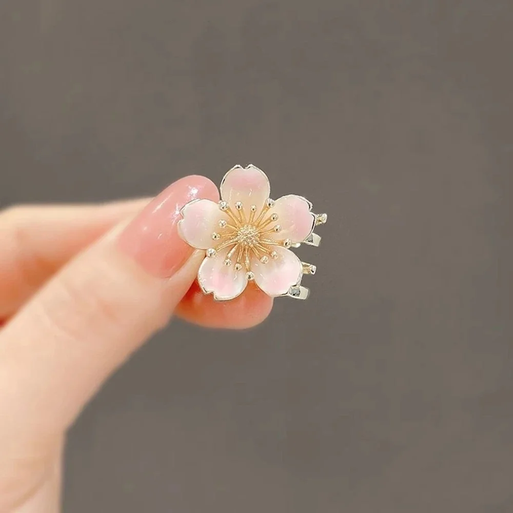 Gold Tone Alloy Floral Inspired Mini Claw Clip Enamel Pink Petals Rhinestone Accents Hair Accessory For Women Girls
