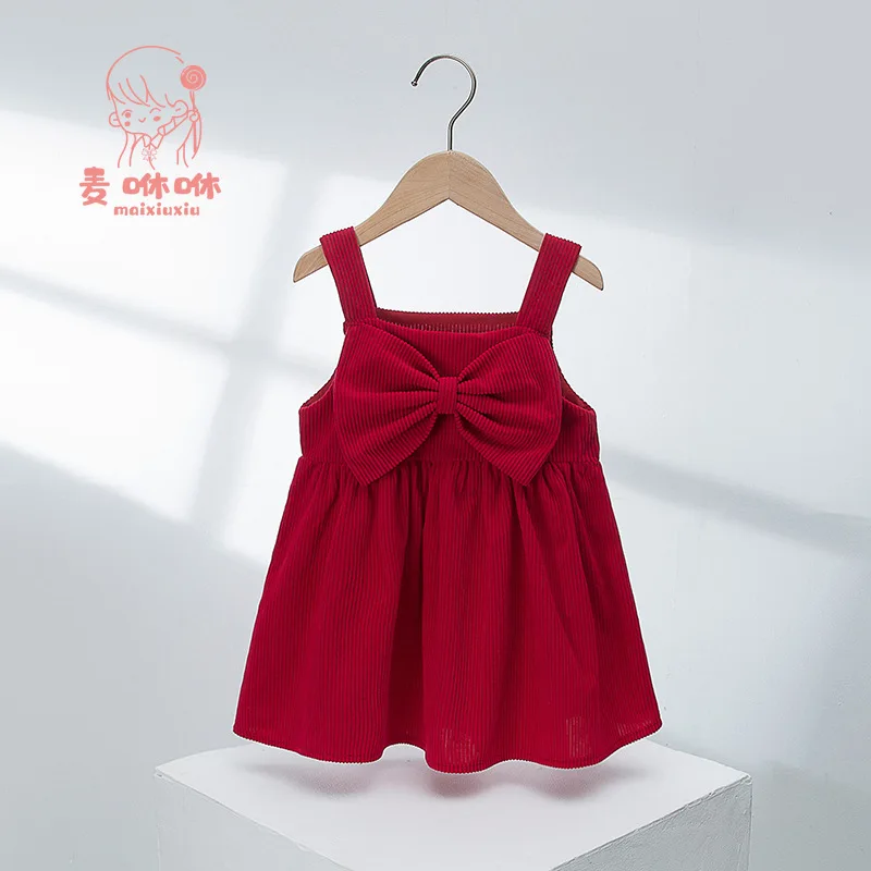2024 New Children's Dress Korean Edition Girl's Bow Strap Dress Autumn/Winter Baby Corduroy Hanging Strap Solid Color Dress 1-5Y