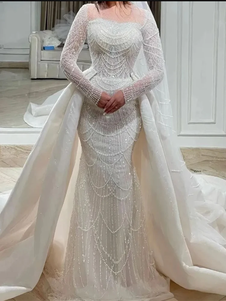 Sparkly Dubai Mermaid Wedding Dress With Detachable Train Prarls Long Sleeves African Bridal Party Gowns Luxury Vestido De Noiva