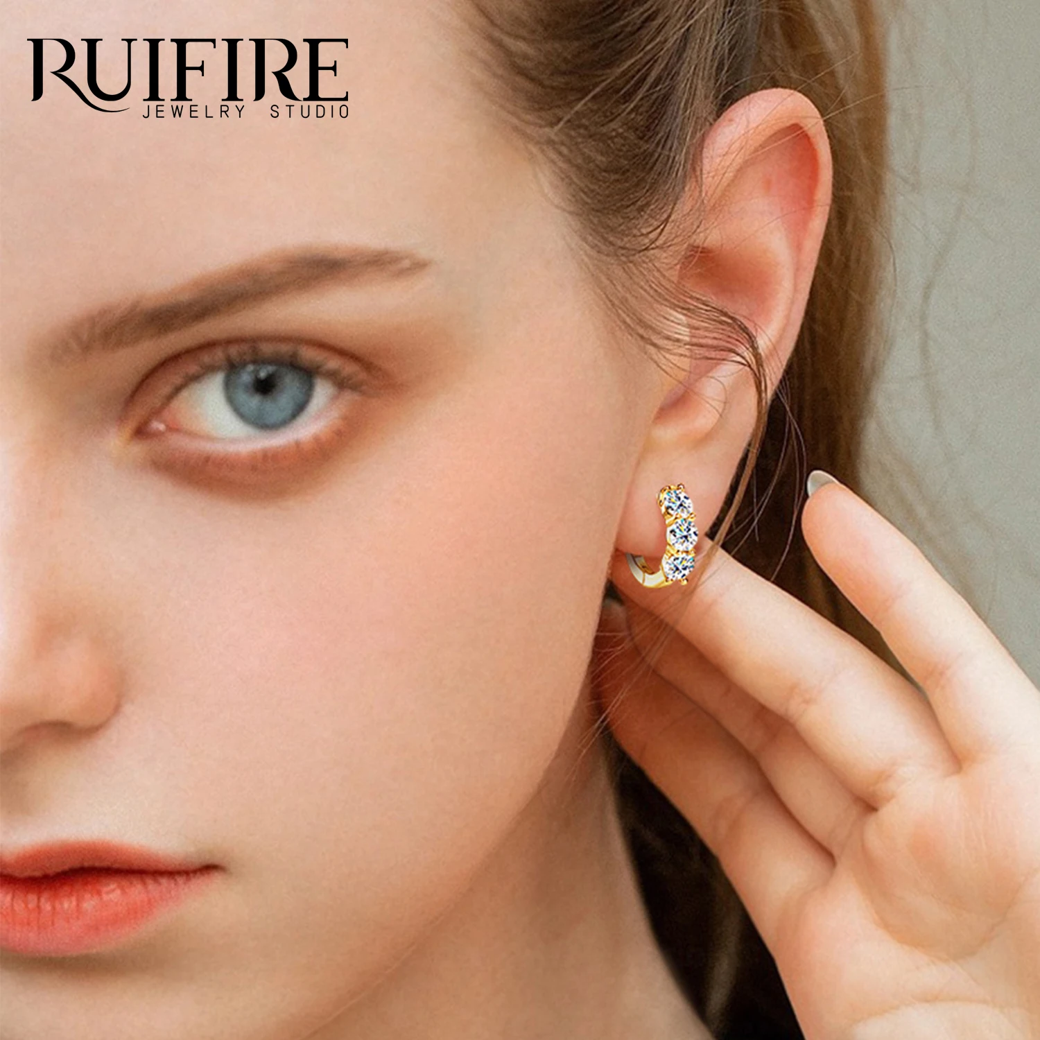 

RUIFIRE Three Stone Earrings Real 925 Sterling Silver 4mm Round Moissanite Hoop Earrings for Women Jewelry Gift Valentine Day