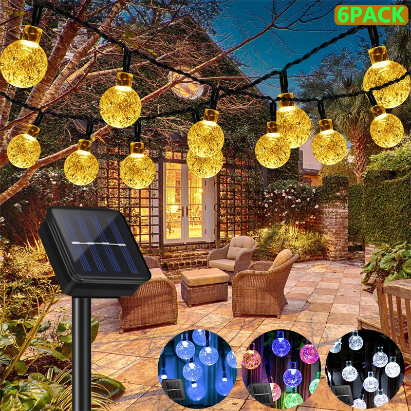 1~6pcs Solar String Lights 60 LED Solar Light Outdoor Waterproof Crystal Globe Lights with 8 Modes for Garden Party Decor