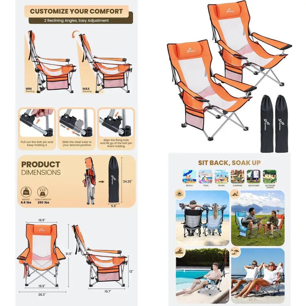 

Beach Chair: Adjustable Folding Chair with Cup Holder & Side Pocket - Portable & Compact Beach Chairs for Adults with Reclining