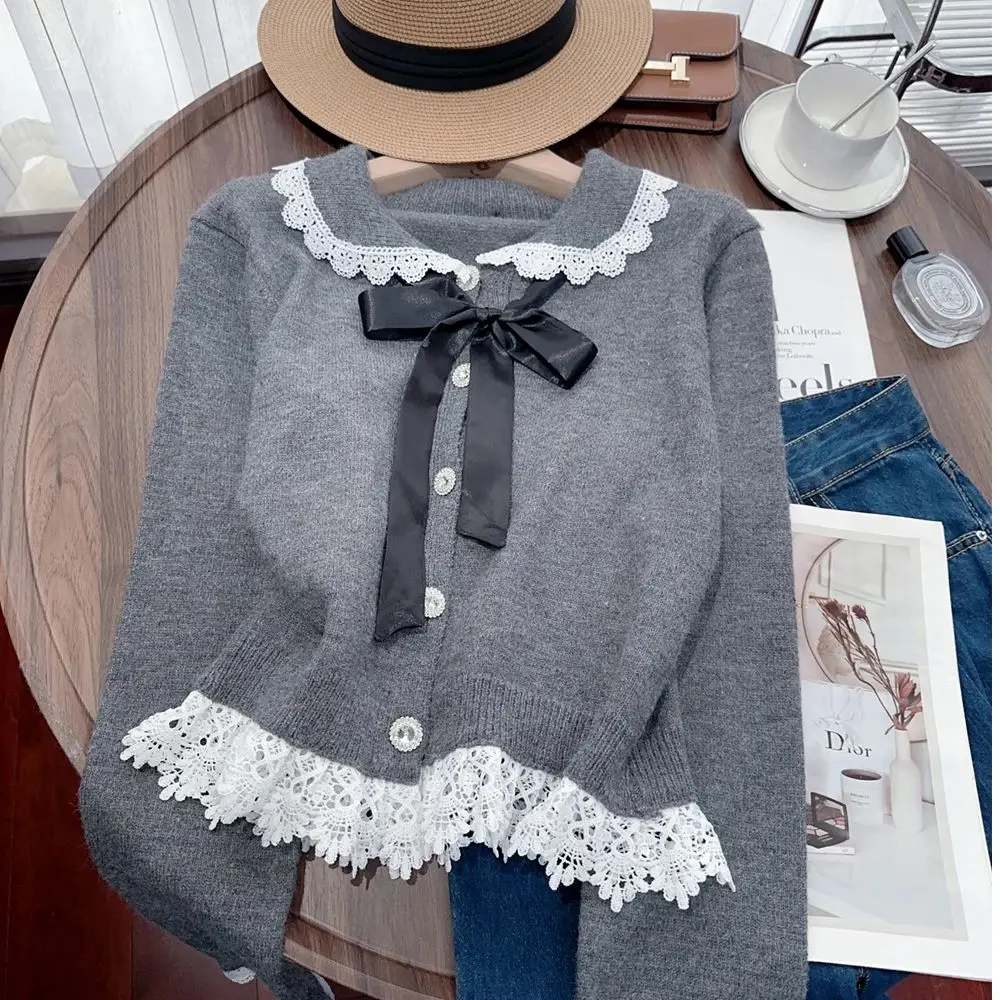 Women's Grey Bow Tie Sweater Long Sleeve Embroidery Y2K Top Retro Academy Autumn/Winter Japanese Lace 90s Sweater 2024 Clothing