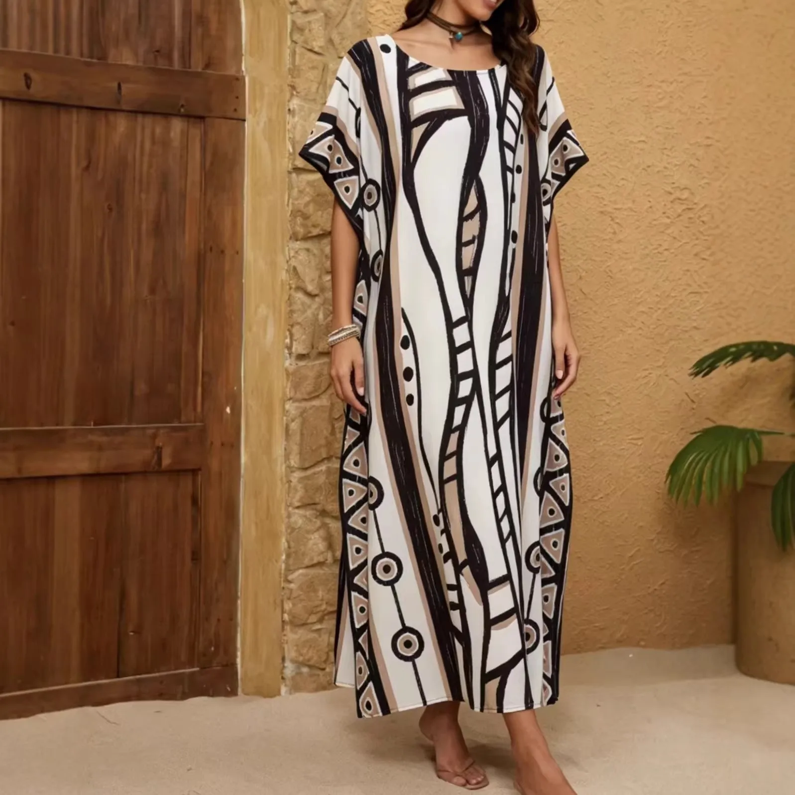 Women's Geometric Print Long A-Line Cover Up Dress Round Neck Short Sleeve Loose Fit Pull On Casual Vacation Beachwear Pareo