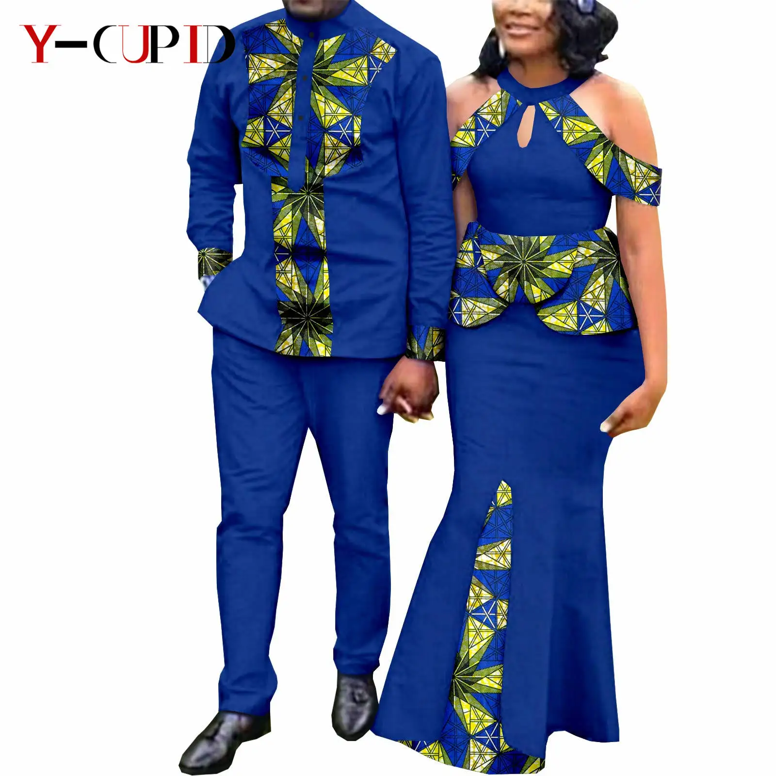 African Dresses for Women Match Bazin Lover Couple Clothes Print Mermaid Evening Dresses Men Outfits Shirt and Pant Sets Y21C024