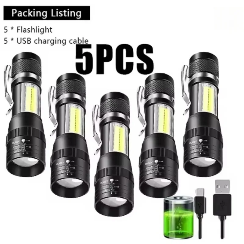 

USB Rechargeable Mini Flashlight COB+XPE Portable Built-in Battery Zoomable Small Torch 3 Mode Camping Emergency Flashlights