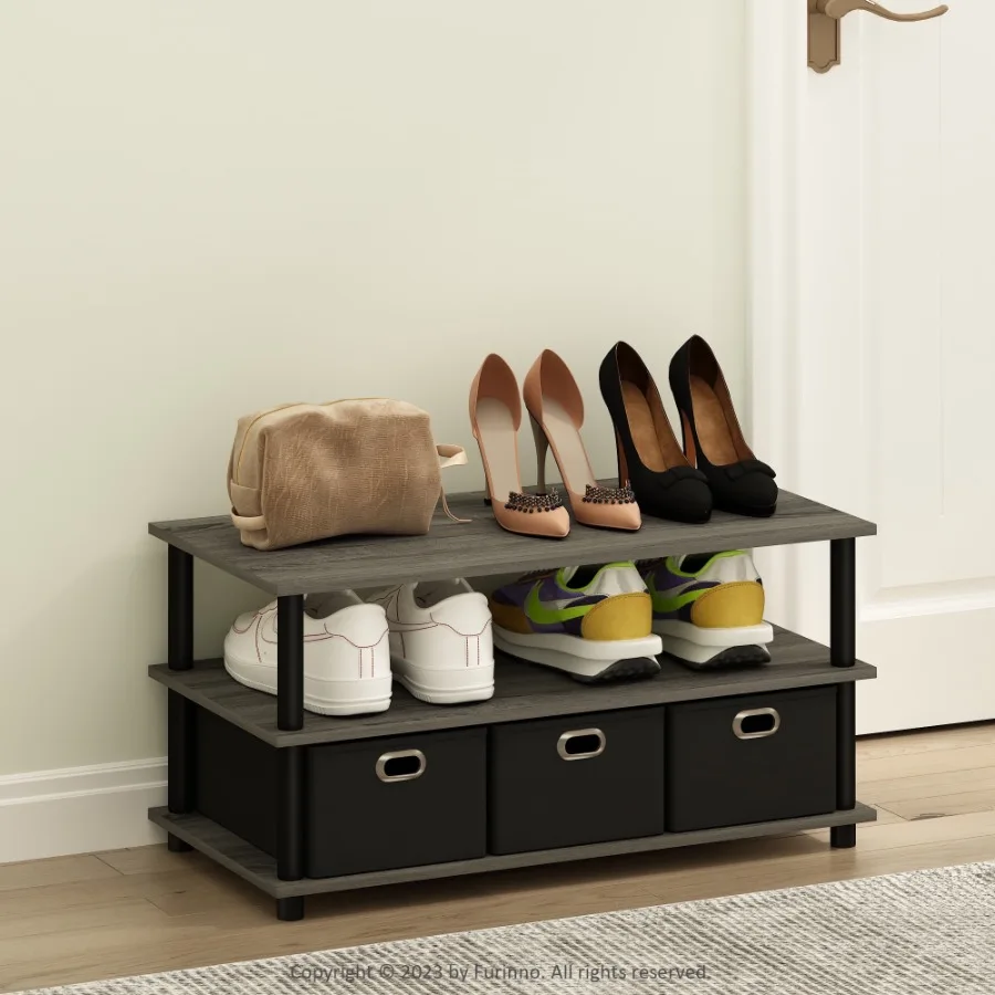 

Turn-N-Tube Multipurpose Compact Open Storage Shoe Rack Shoe Shelf Organizer with Bin Drawers French Oak Black Black