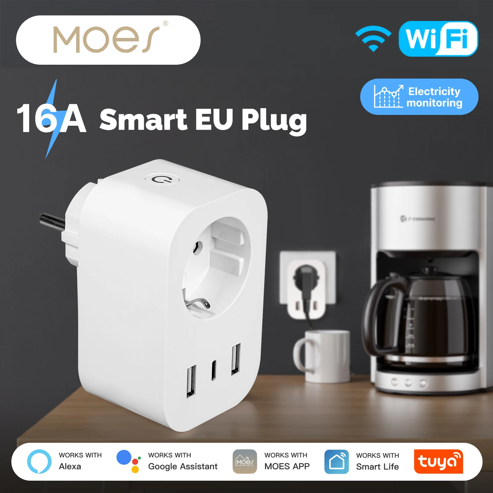 MOES Tuya WiFi 16A Smart EU Plug with PD20W USB Ports, Power Monitoring, Alexa Google Voice Control Socket