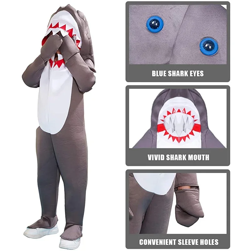 Children Cute Shark Hooded Jumpsuits Boys Girls Halloween Animals Cosplay Costume Carnival Easter Purim Fancy Dress