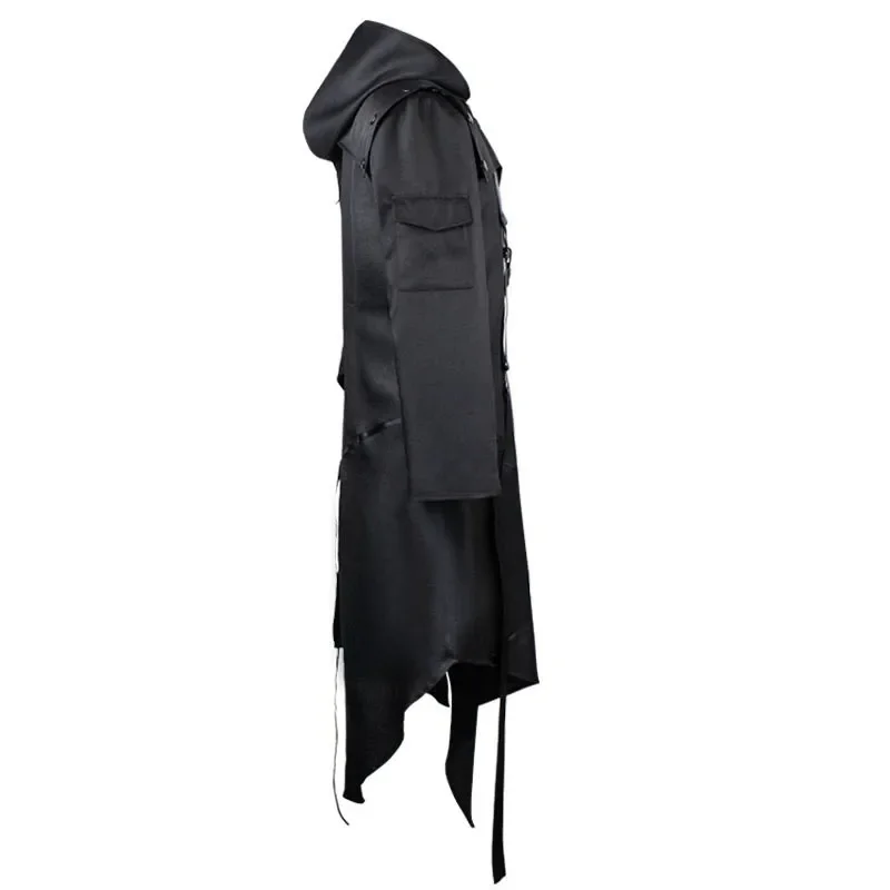 Medieval Costume Men Victorian Gothic Trench Coat Steampunk Long Black Jacket Hoodies Irregular Design Overcoat Uniform Cos