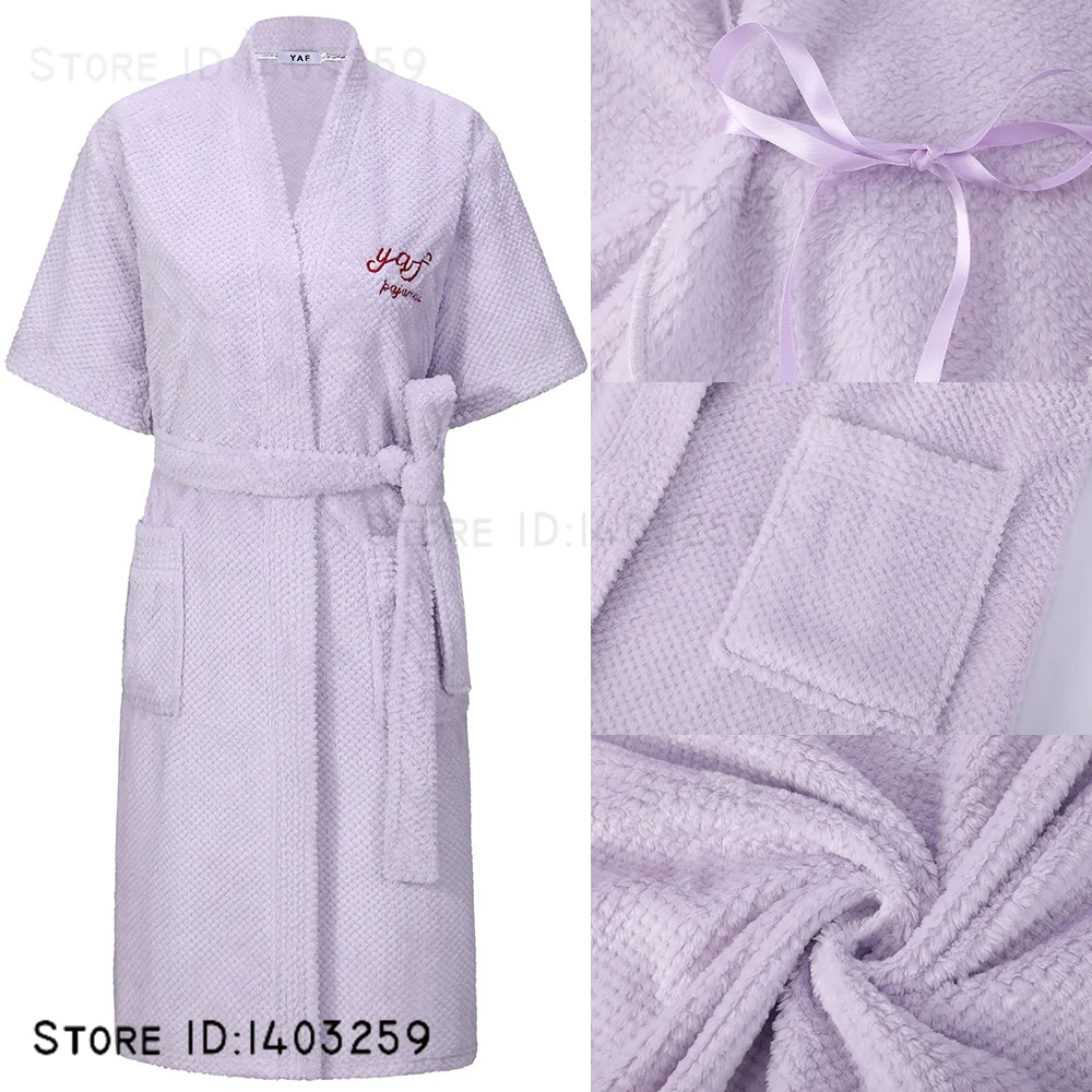 

Thick Flannel Women's Robe Nightgown Loose Coral Fleece Short Sleeved Bathrobe Kimono Yukata Autumn Winter Sleepwear Home Dress