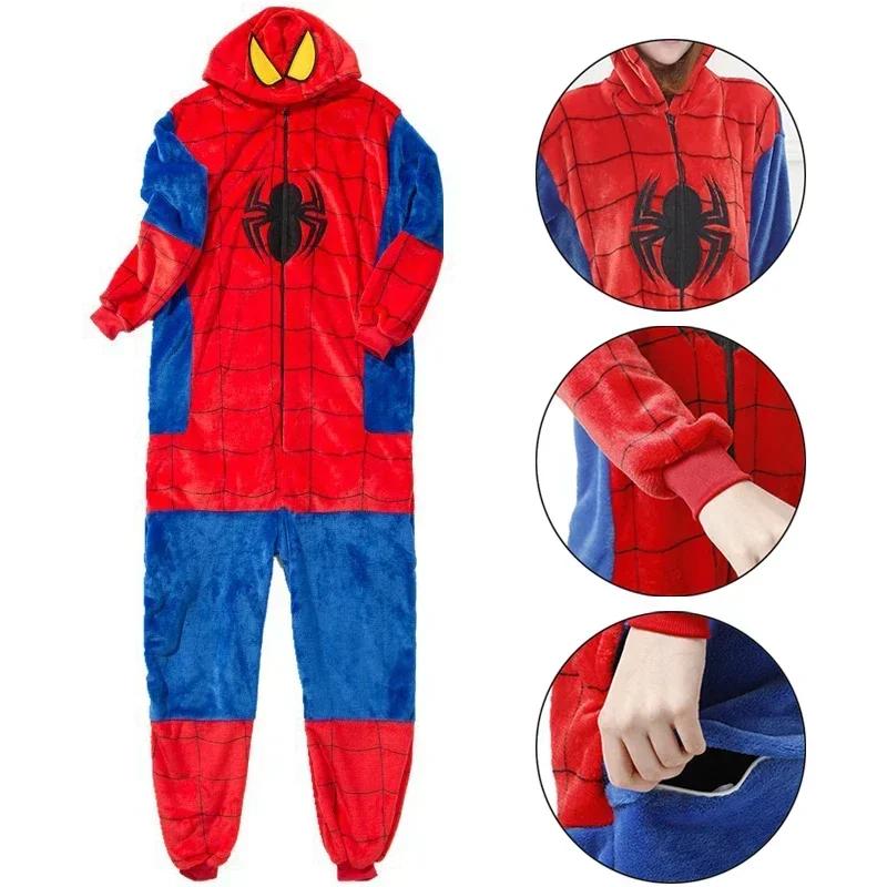 Anime Spider Man Costume Pajamas Adult Spiderman Cosplay Costume Home Flannel Hooded Sleepwear Jumpsuit Pajamas for Women Men